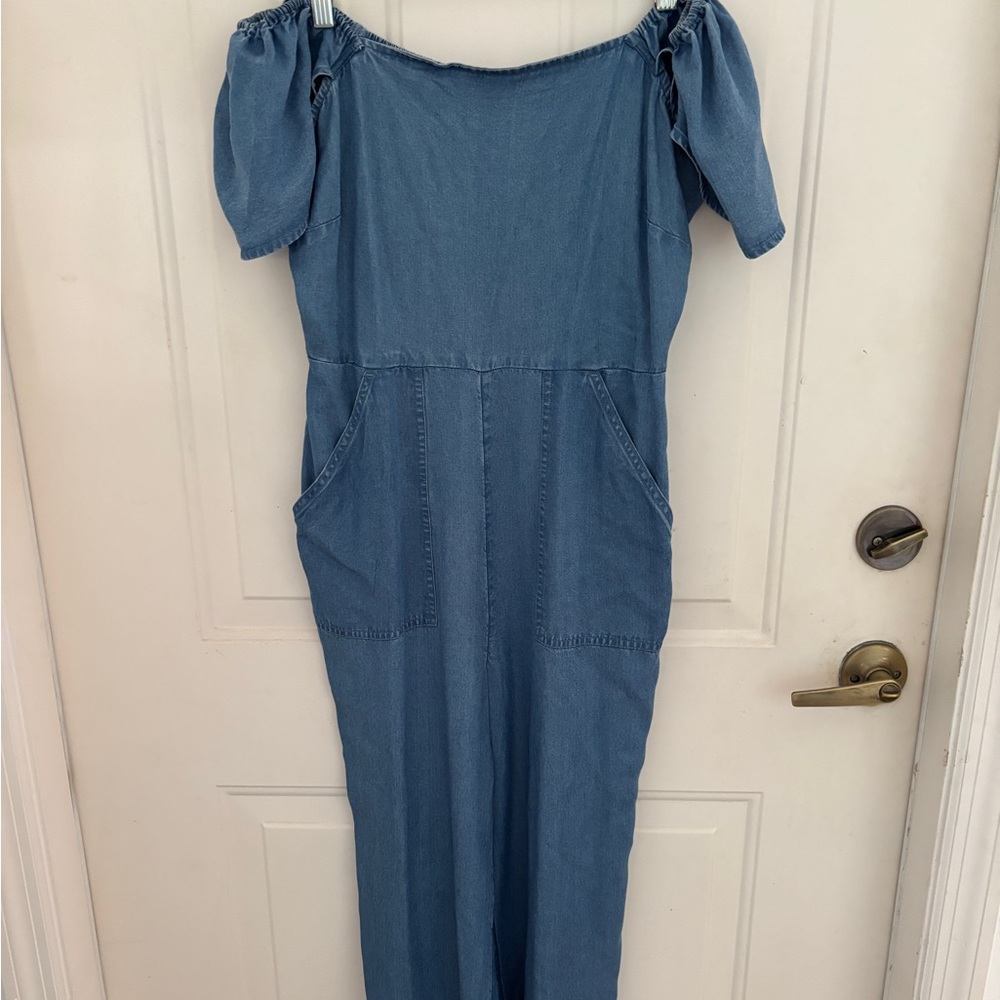 LOFT Blue Denim Off the Shoulder Jumpsuit